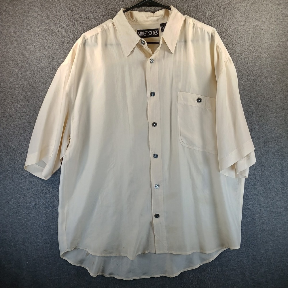 Street Scenes Shirt Mens L 100% Silk‎ Beige Short Sleeve Button Up Lightweight